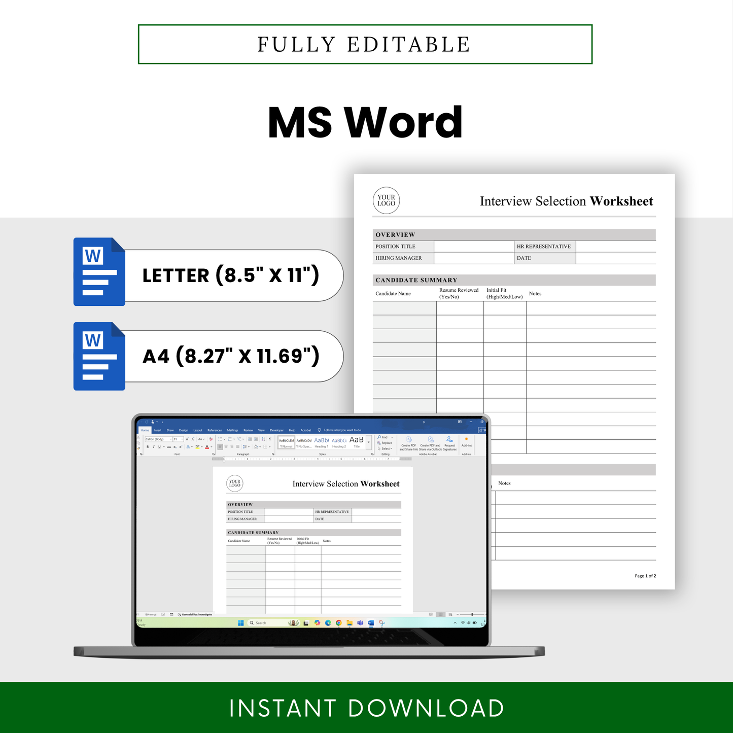 Editable interview worksheet template in Microsoft Word format with letter and A4 sizes, customizable hiring document, recruiter-friendly layout for candidate evaluation and interview tracking
