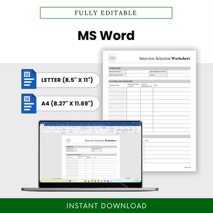 Editable interview worksheet template in Microsoft Word format with letter and A4 sizes, customizable hiring document, recruiter-friendly layout for candidate evaluation and interview tracking