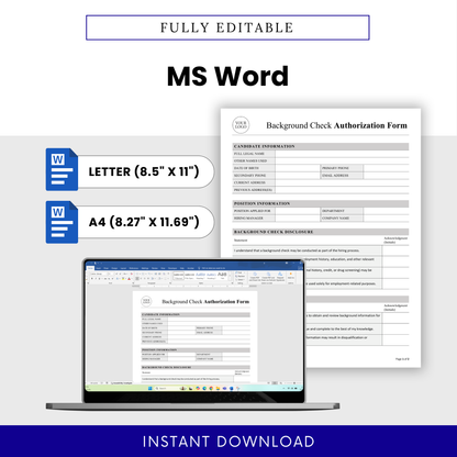Background Check Authorization Form Template Word displayed on screen with US Letter and A4 sizing options for flexible editing. This simple and editable business template is perfect for HR teams who want to customize and brand their hiring documents
