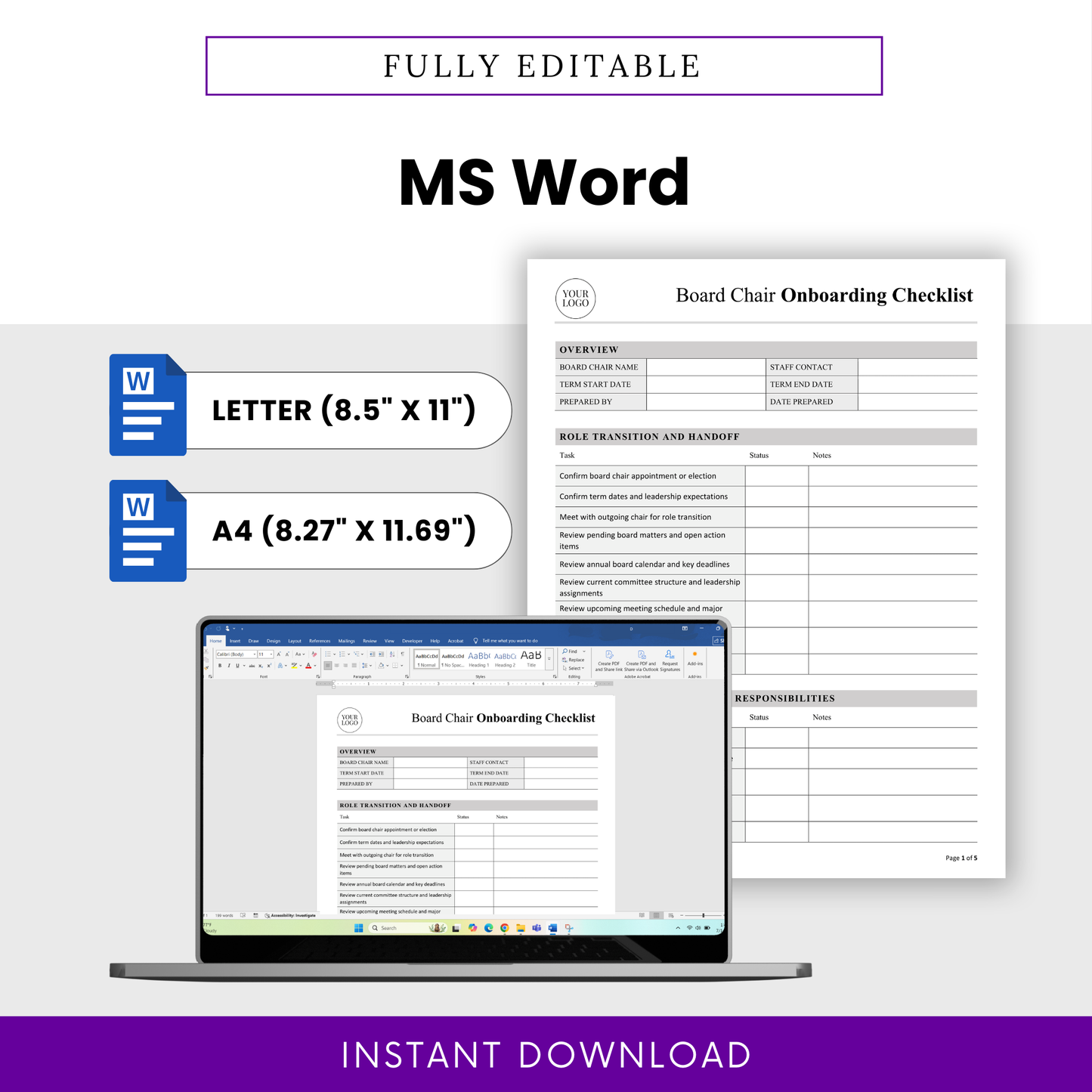 Editable MS Word nonprofit board chair onboarding checklist template showing Letter and A4 page sizes, customizable nonprofit governance document, professional onboarding checklist, and easy-to-edit leadership transition planner for board chair roles