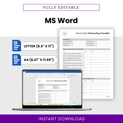 Editable MS Word nonprofit board chair onboarding checklist template showing Letter and A4 page sizes, customizable nonprofit governance document, professional onboarding checklist, and easy-to-edit leadership transition planner for board chair roles
