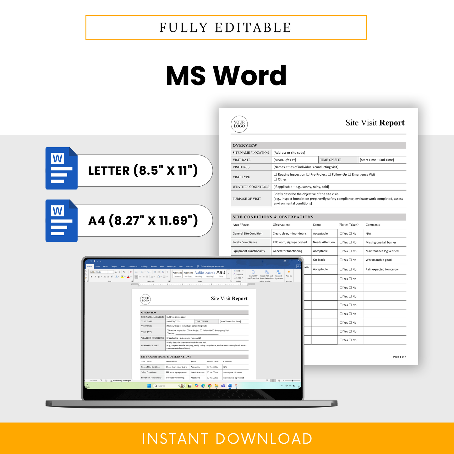 Fully editable site visit report template in Microsoft Word format, customizable construction report document, available in US Letter and A4 sizes for professional site inspections