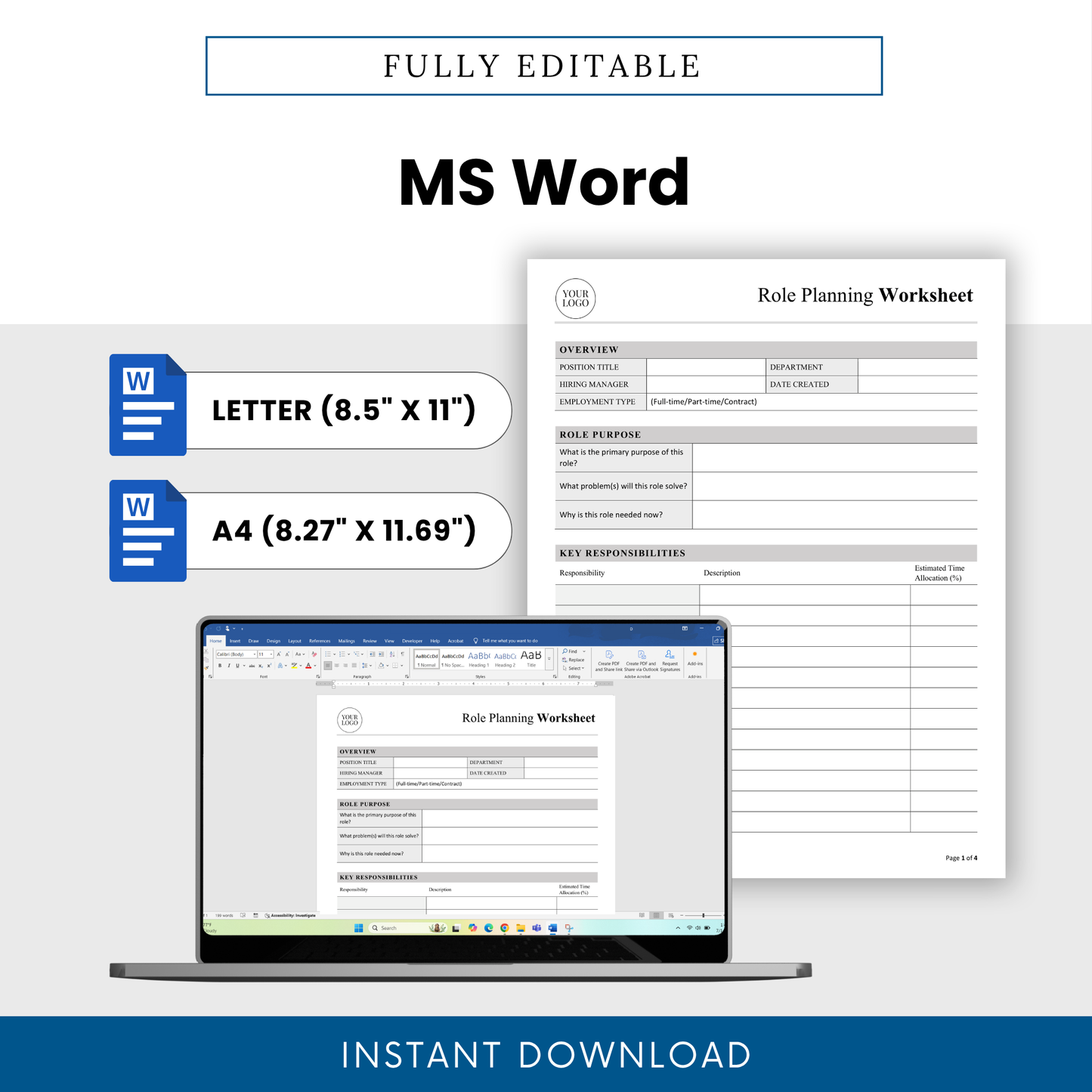 Editable role planning worksheet in Microsoft Word format with letter and A4 sizes, customizable HR document for hiring managers and business teams