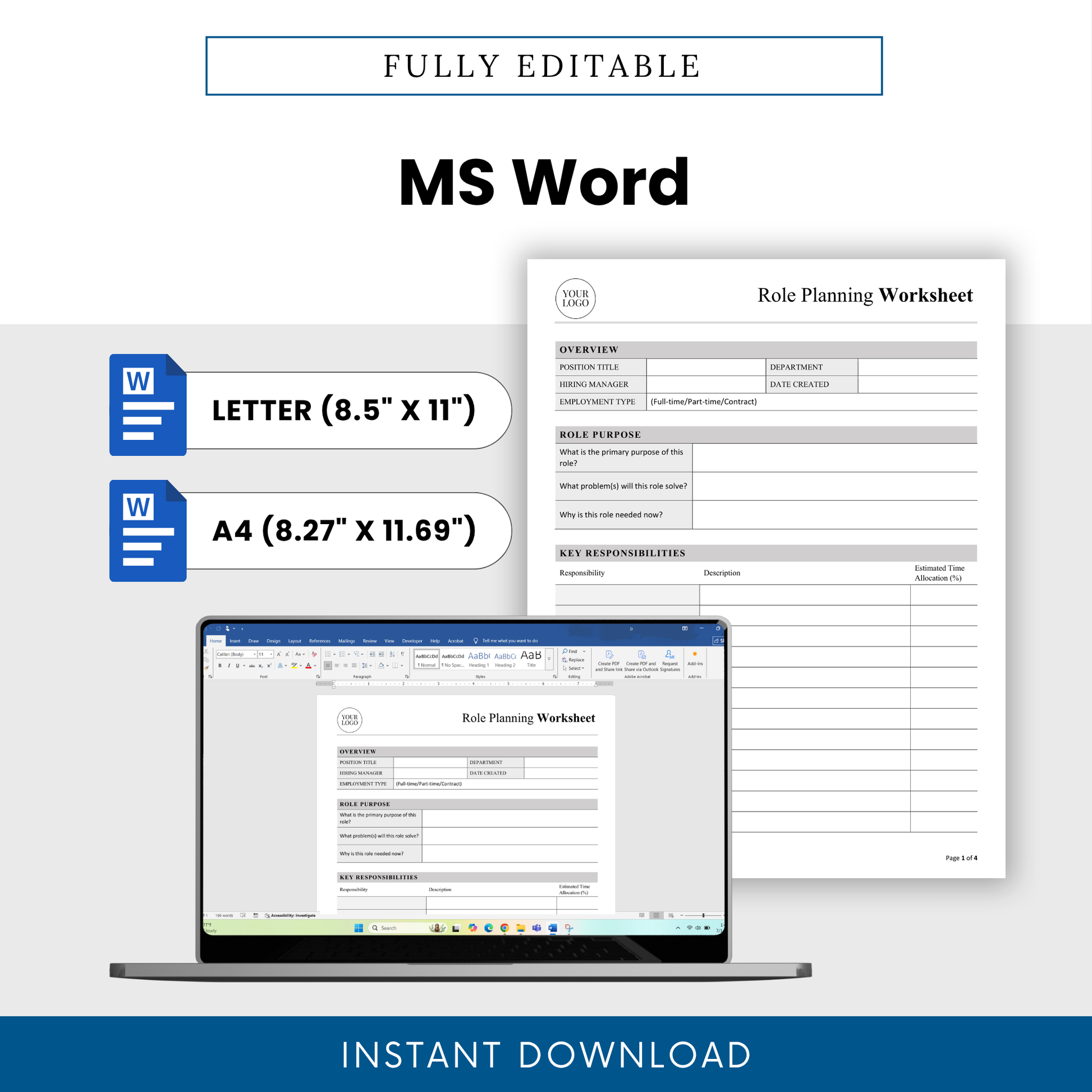 Editable role planning worksheet in Microsoft Word format with letter and A4 sizes, customizable HR document for hiring managers and business teams