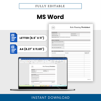 Editable role planning worksheet in Microsoft Word format with letter and A4 sizes, customizable HR document for hiring managers and business teams