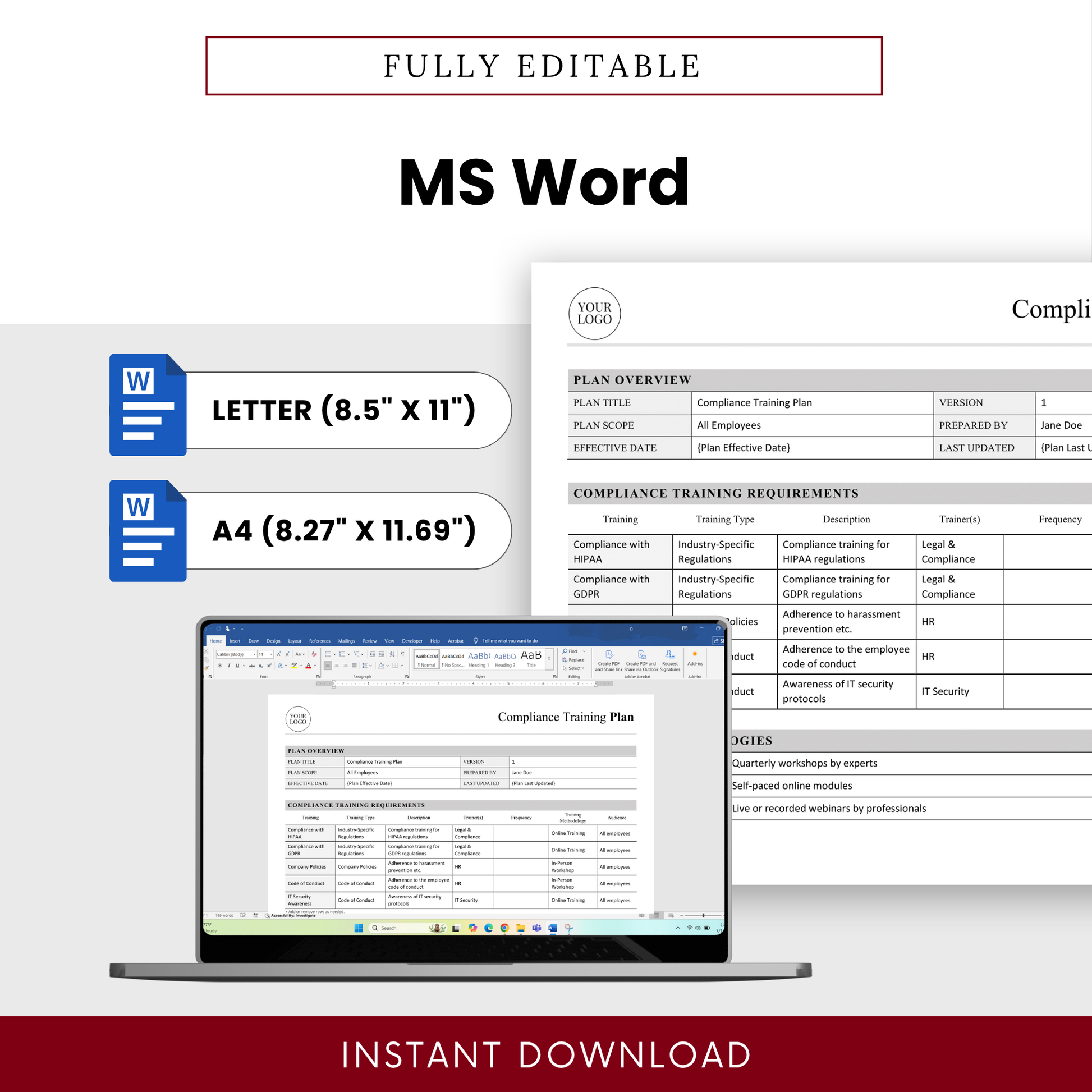 Editable MS Word compliance training plan template in US Letter and A4 sizes, corporate document layout, customizable HR compliance training plan, professional business template