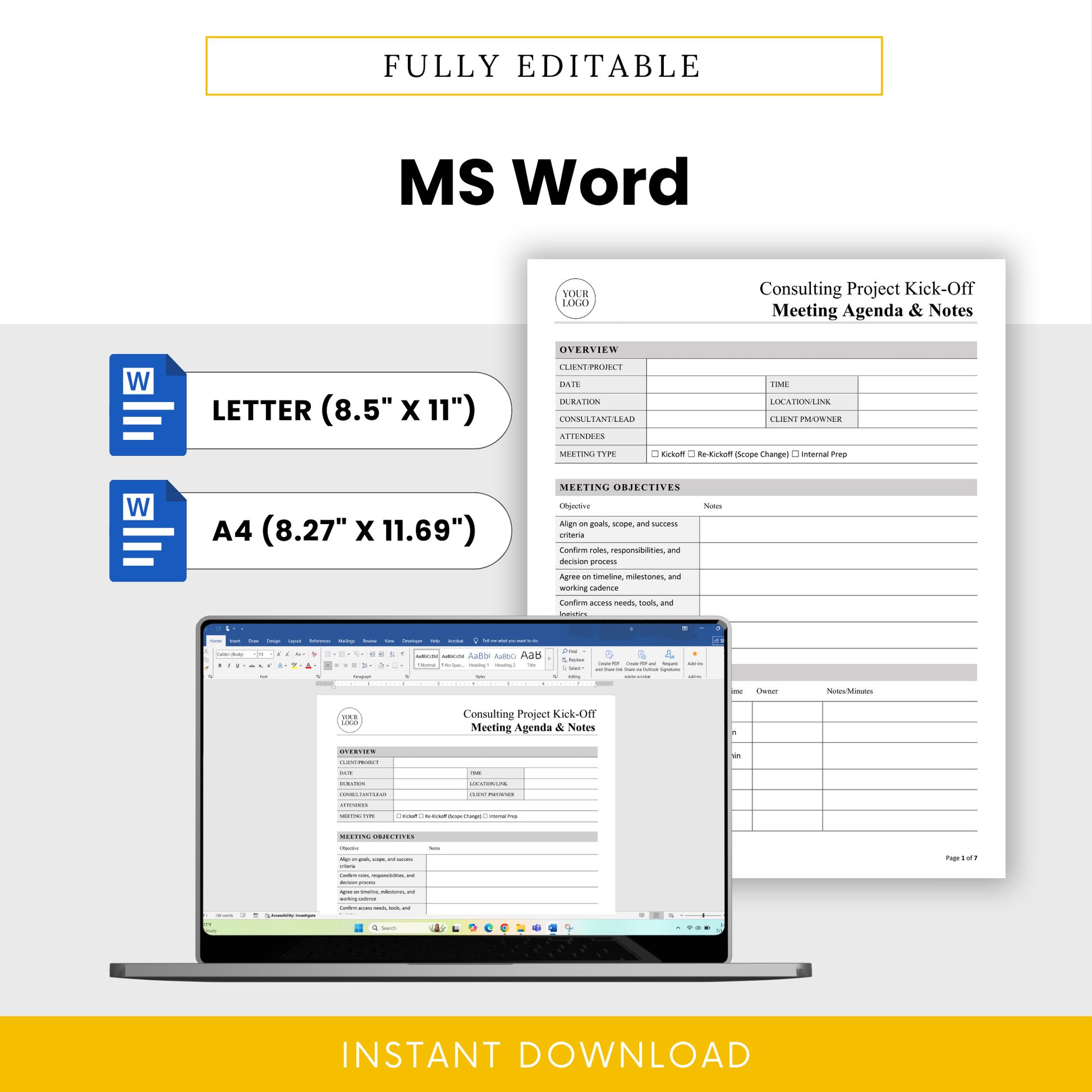 Editable consulting meeting agenda template displayed in Microsoft Word, showing how users can easily customize content, branding, and layout in both Letter and A4 sizes