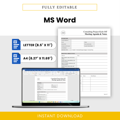 Editable consulting meeting agenda template displayed in Microsoft Word, showing how users can easily customize content, branding, and layout in both Letter and A4 sizes