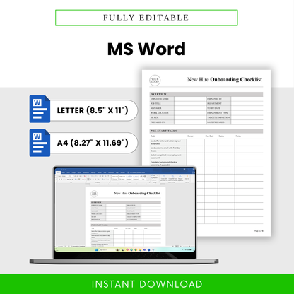 Editable new hire onboarding checklist template in Microsoft Word format, customizable HR onboarding document, US Letter and A4 sizes, easy to edit and brand