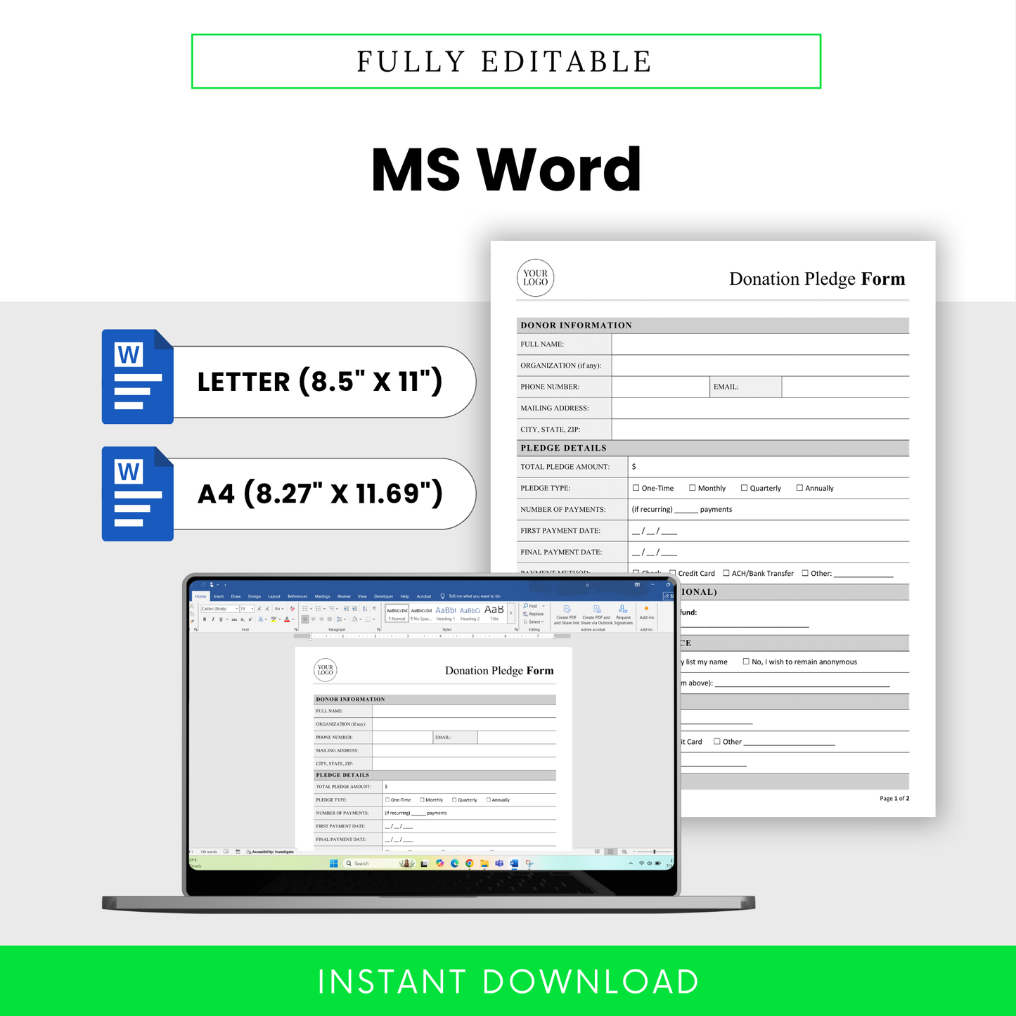 Donation Pledge Form Template Word version displayed on a laptop with Letter and A4 sizing options. This fully editable nonprofit template is designed for easy customization, branding, and professional documentation of donor pledges.
