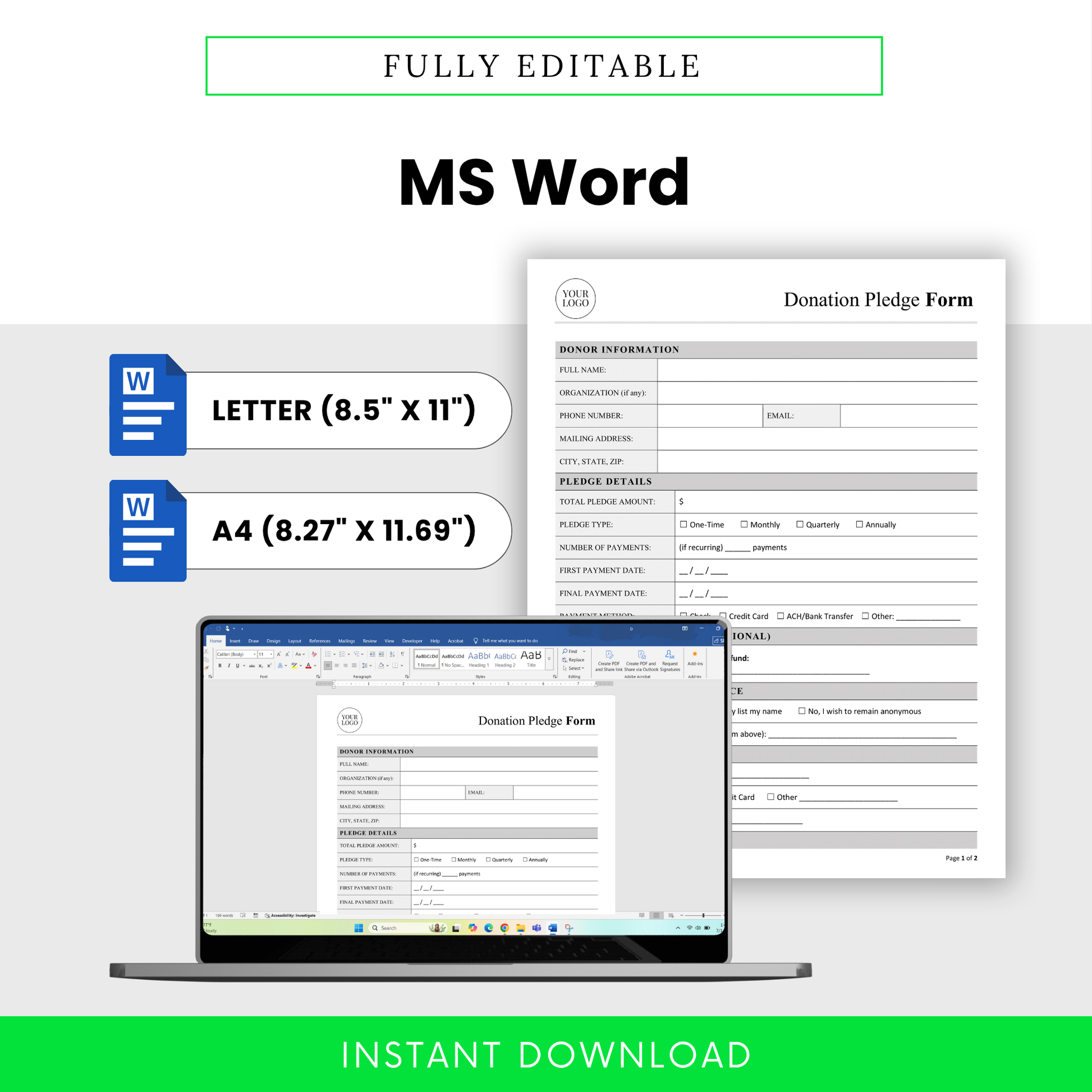 Donation Pledge Form Template Word version displayed on a laptop with Letter and A4 sizing options. This fully editable nonprofit template is designed for easy customization, branding, and professional documentation of donor pledges.