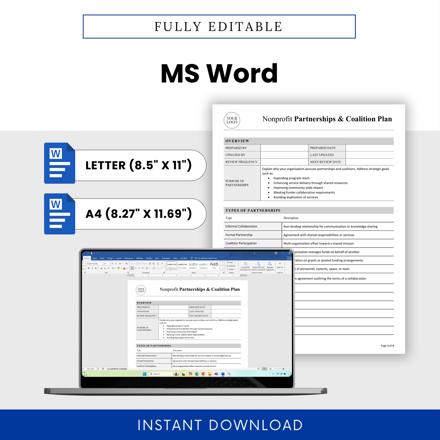 Editable nonprofit partnership plan template in Microsoft Word format with US Letter and A4 sizes, customizable layout, and professional document design
