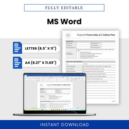 Editable nonprofit partnership plan template in Microsoft Word format with US Letter and A4 sizes, customizable layout, and professional document design