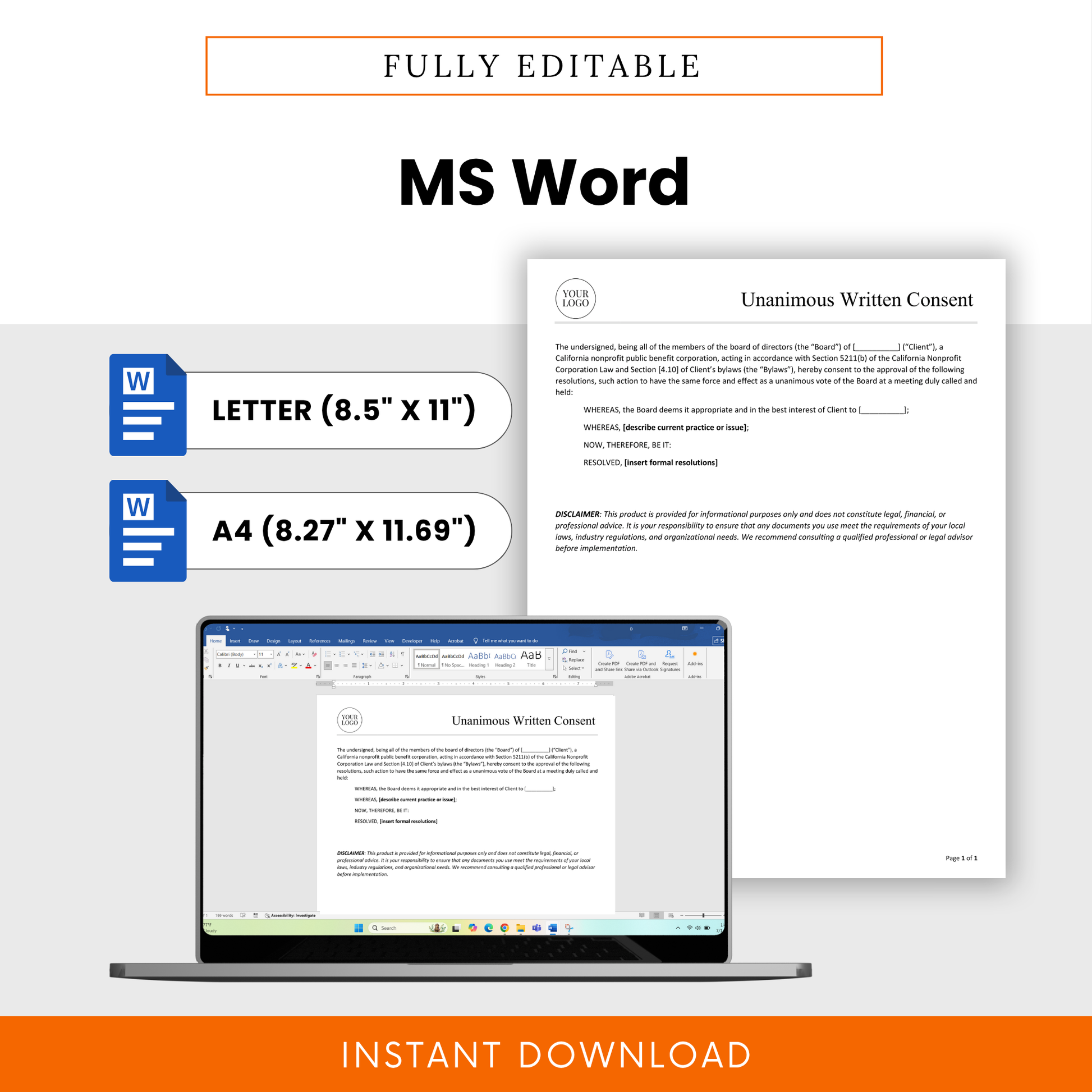 Fully editable MS Word nonprofit consent template available in US Letter and A4 sizes, customizable board resolution document with professional formatting