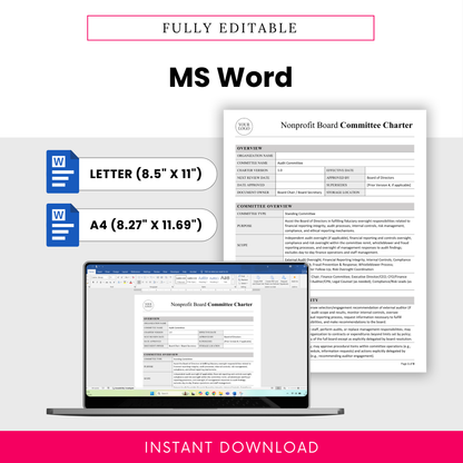 Editable nonprofit audit committee charter template in Microsoft Word format with US Letter and A4 sizes, customizable professional board governance document