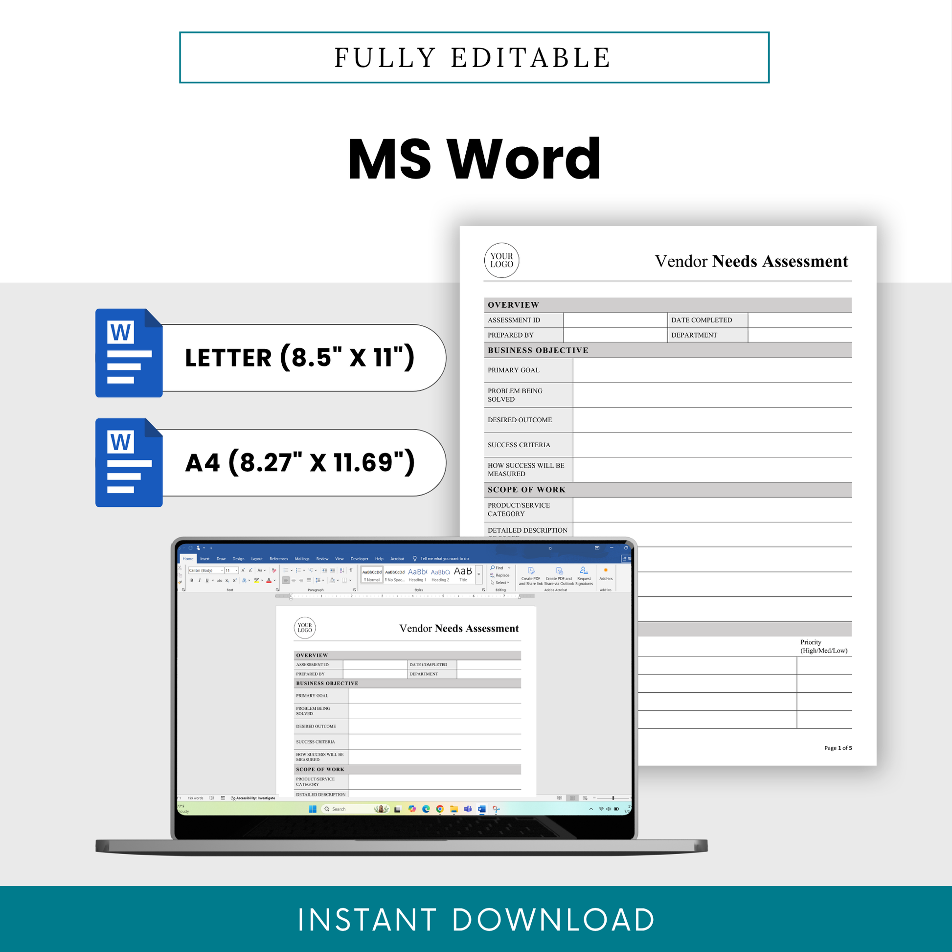 Vendor Needs Assessment Template Word shown on a laptop screen with fully editable formatting and branding options. This editable business template is ideal for project managers, consultants, and small businesses customizing vendor evaluation documents.