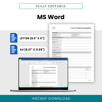 Vendor Needs Assessment Template Word shown on a laptop screen with fully editable formatting and branding options. This editable business template is ideal for project managers, consultants, and small businesses customizing vendor evaluation documents.