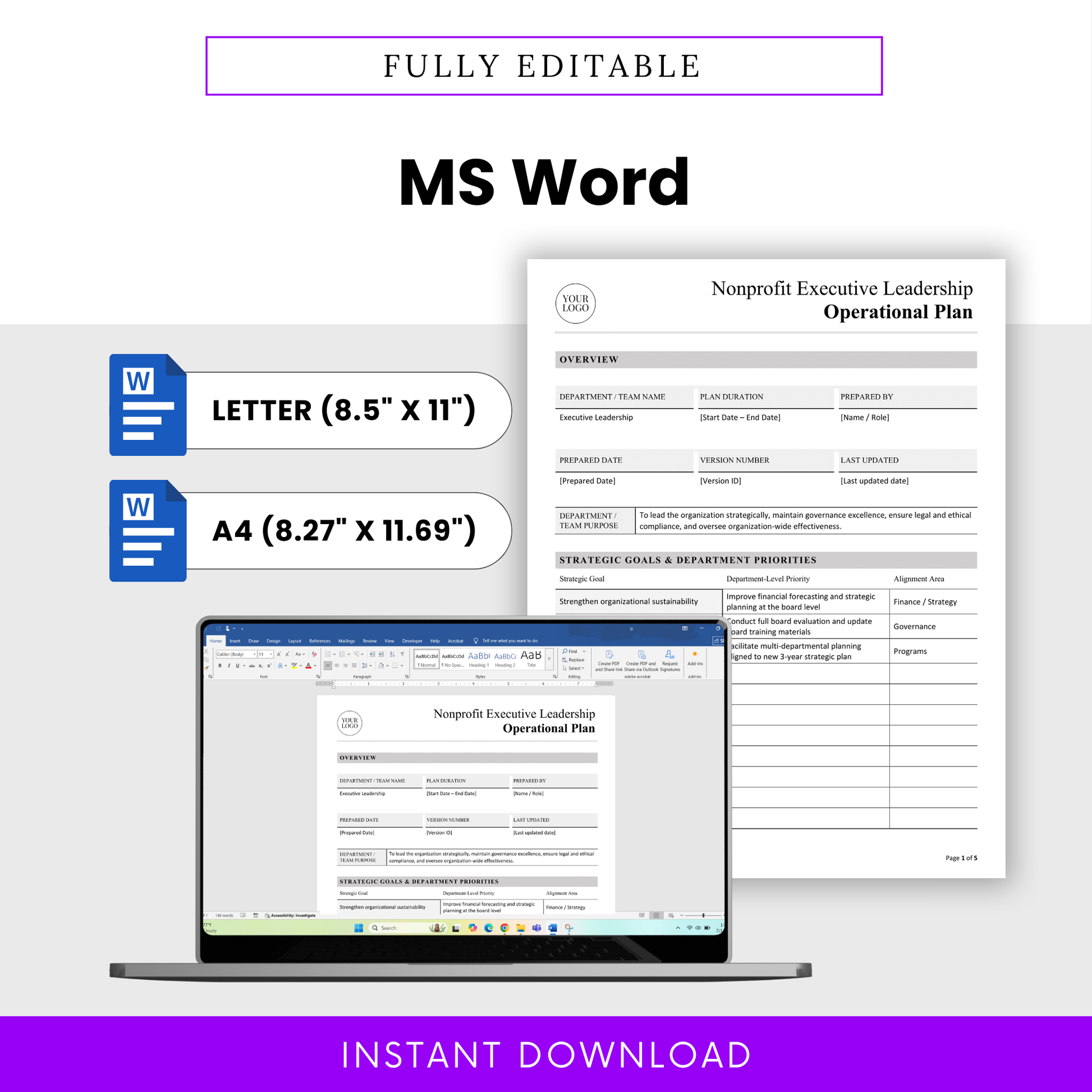 Editable nonprofit operational plan template in Microsoft Word format with letter and A4 sizes, customizable layout for executive leadership planning