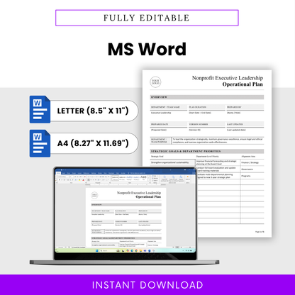 Editable nonprofit operational plan template in Microsoft Word format with letter and A4 sizes, customizable layout for executive leadership planning