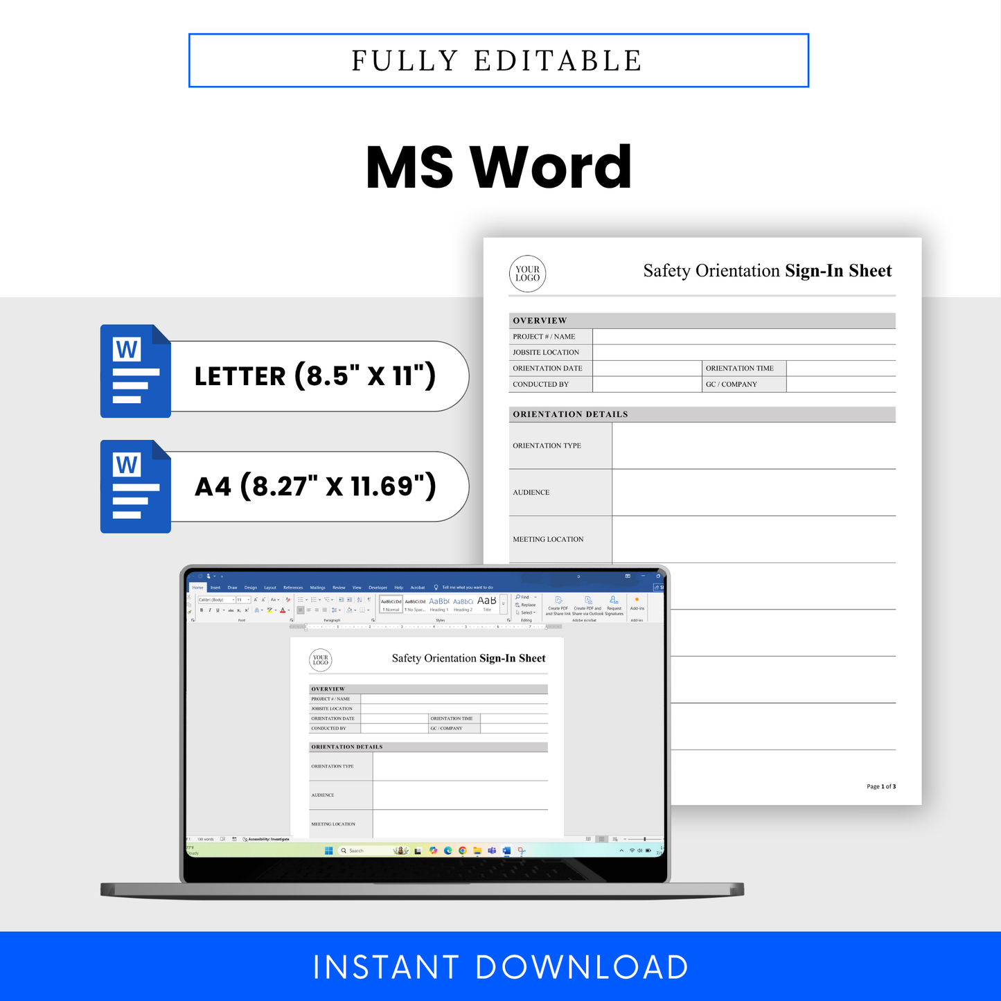 Editable construction safety sign-in sheet shown in Microsoft Word format with US Letter and A4 sizes, customizable jobsite safety document template