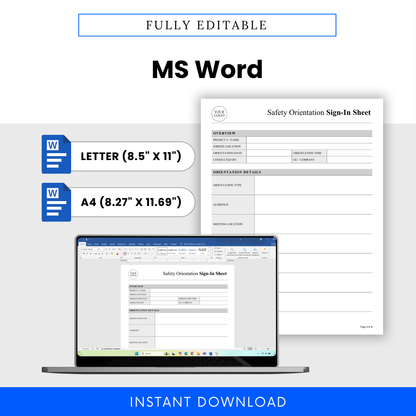 Editable construction safety sign-in sheet shown in Microsoft Word format with US Letter and A4 sizes, customizable jobsite safety document template