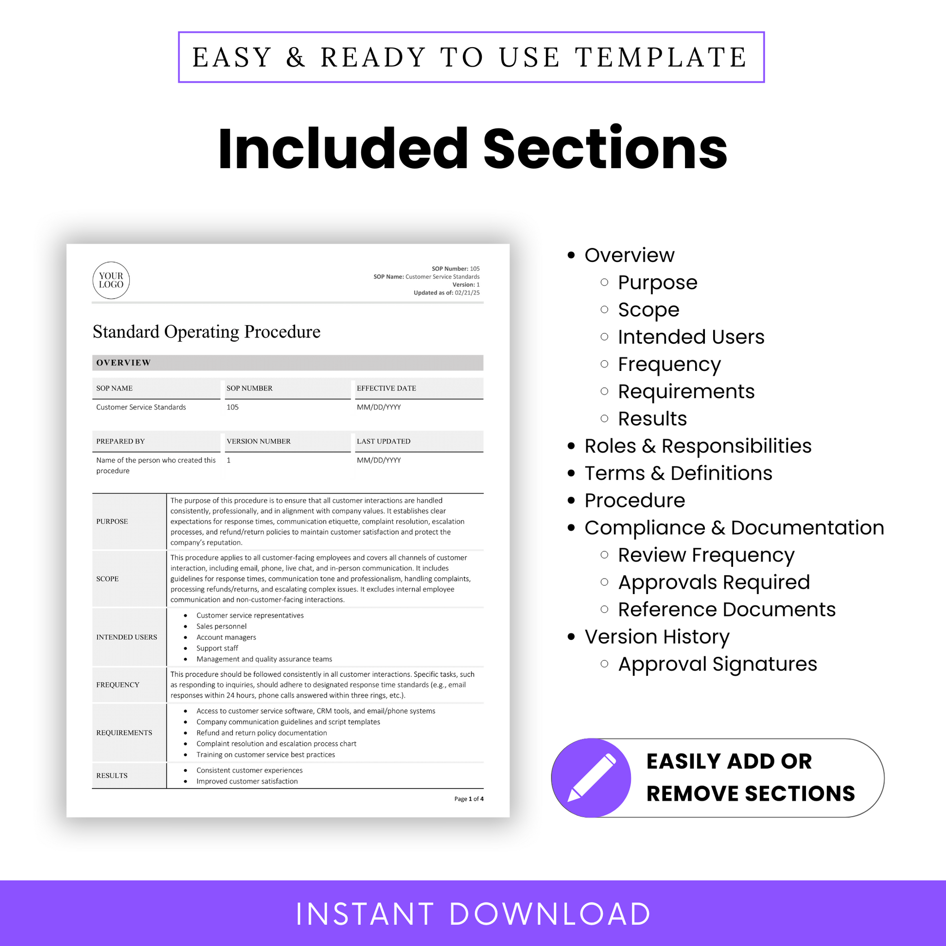 Close-up preview of the SOP page layout with a bulleted breakdown of all included sections like Purpose, Scope, Frequency, and Compliance, ideal for Etsy shoppers to scan.