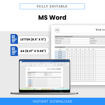 Editable work availability schedule template in Microsoft Word format with US Letter and A4 sizes, customizable layout for employee scheduling and shift planning