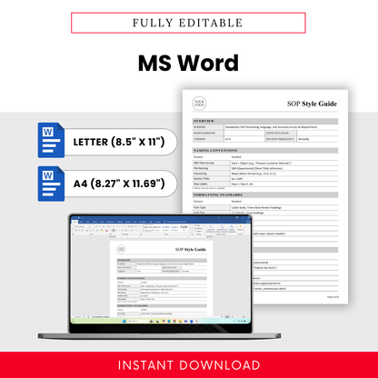 Editable SOP template displayed in Microsoft Word format with letter and A4 sizes, professional business document layout for easy customization and branding