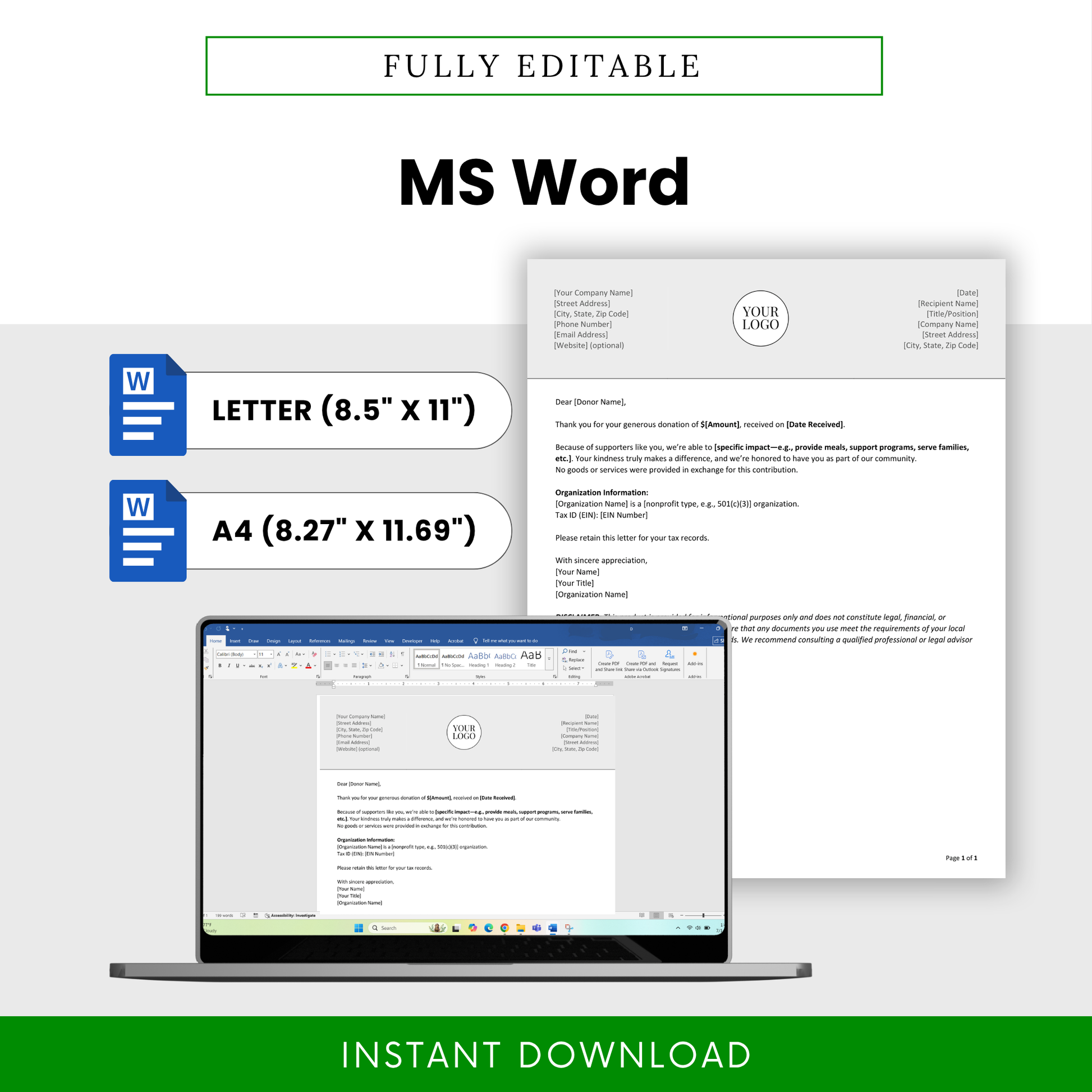 Donation Acknowledgment Letter Template Word file displayed with US Letter and A4 sizes for easy customization. This editable nonprofit template is designed for seamless branding, quick edits, and professional donor communication workflows.