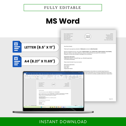 Donation Acknowledgment Letter Template Word file displayed with US Letter and A4 sizes for easy customization. This editable nonprofit template is designed for seamless branding, quick edits, and professional donor communication workflows.