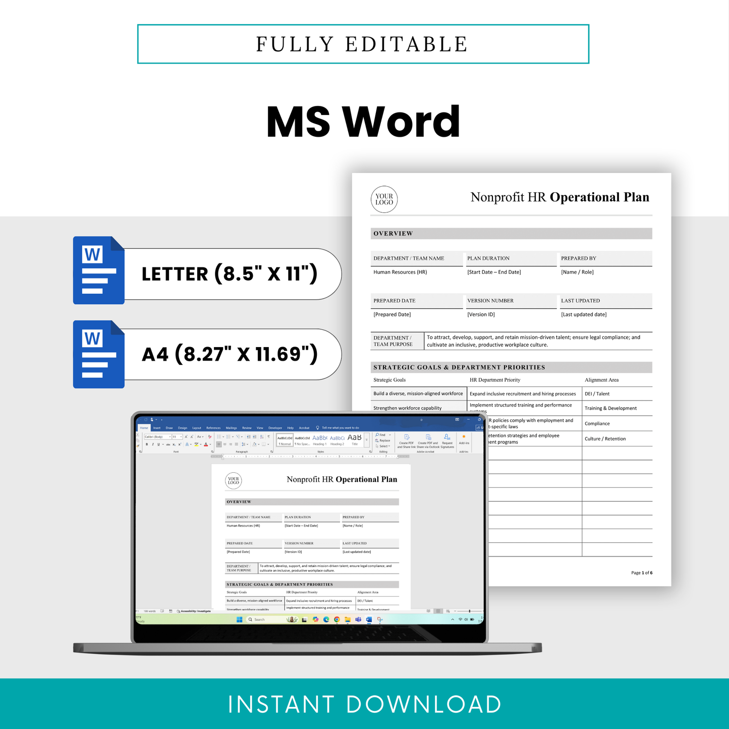 Editable nonprofit HR operational plan template in Microsoft Word format with letter and A4 sizes, customizable layout for HR teams and nonprofits