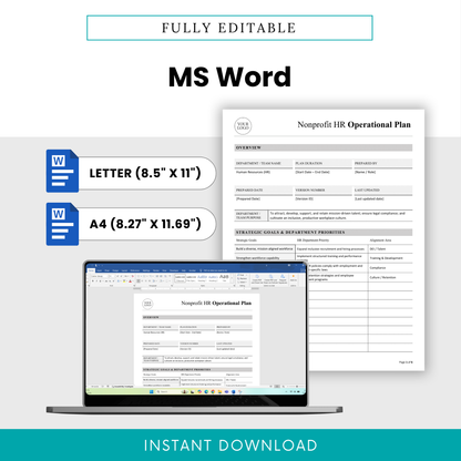 Editable nonprofit HR operational plan template in Microsoft Word format with letter and A4 sizes, customizable layout for HR teams and nonprofits