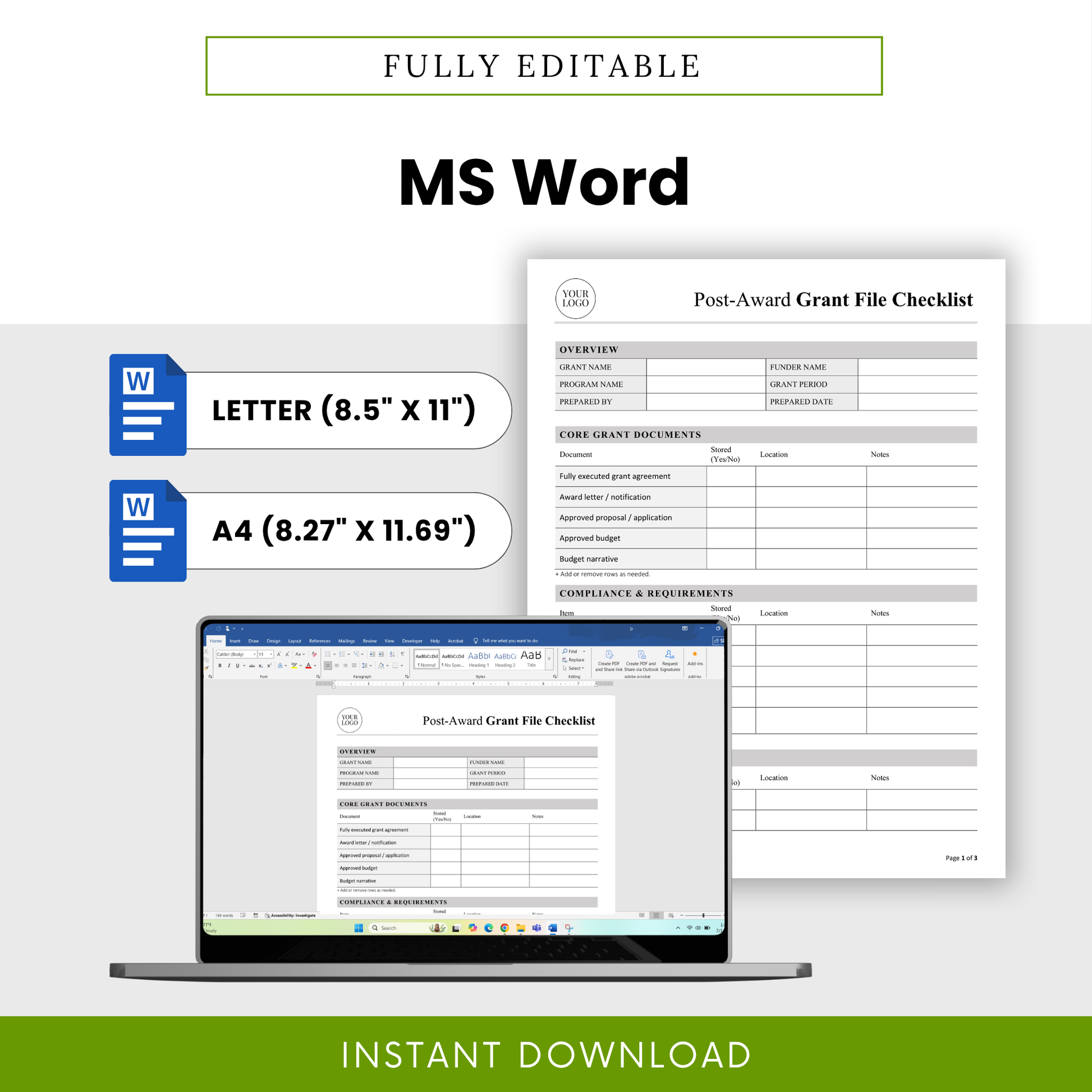 Post-Award Grant File Checklist Template Word displayed on a laptop screen, emphasizing fully editable features and customization options. This professional business template is ideal for organizations needing a flexible, easy-to-edit grant tracking and documentation tool.
