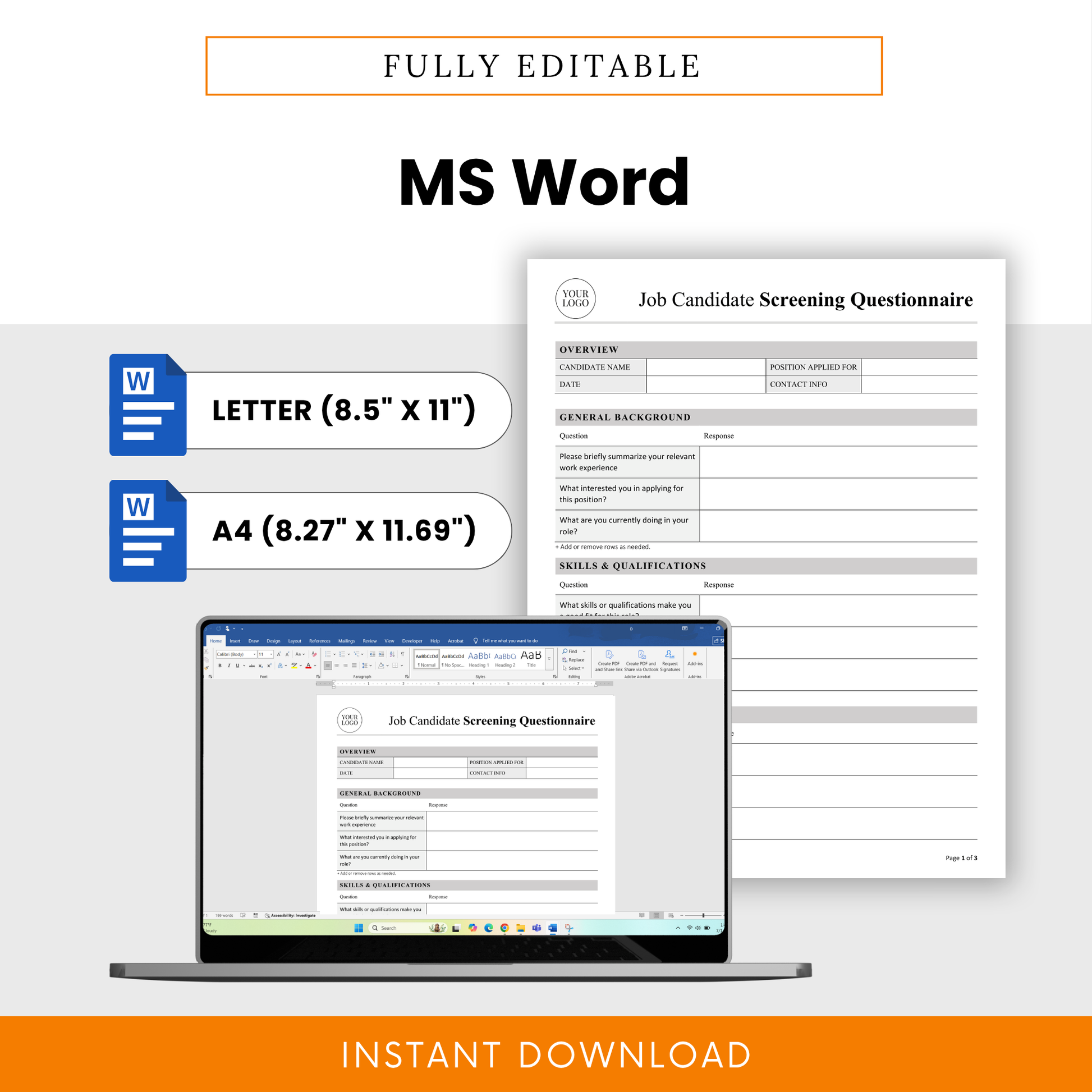 Editable job interview questionnaire template in Microsoft Word format with US Letter and A4 sizes for recruiters, hiring managers, and small businesses