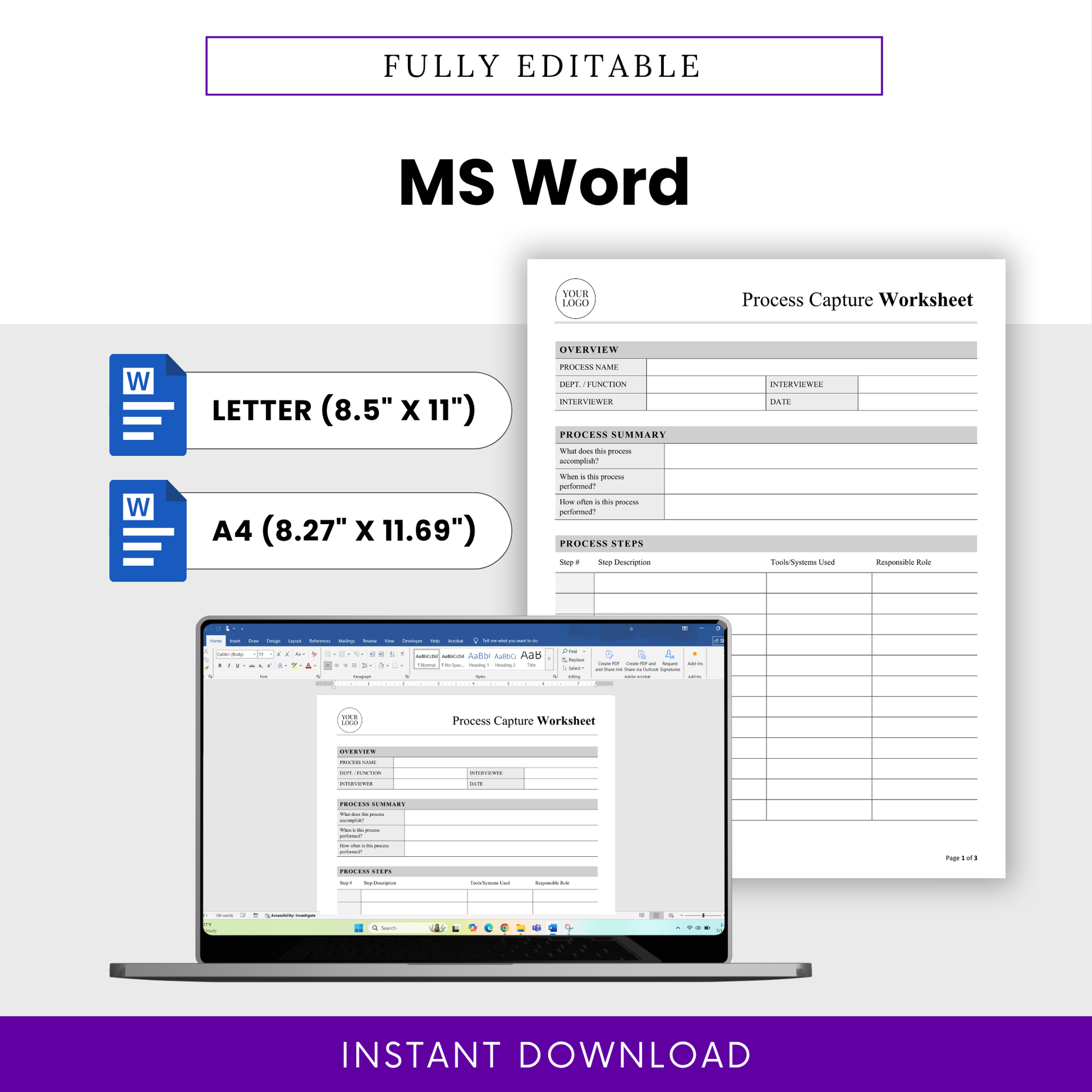 editable process capture worksheet in MS Word, workflow template docx format, business process document editable file, letter and A4 sizes