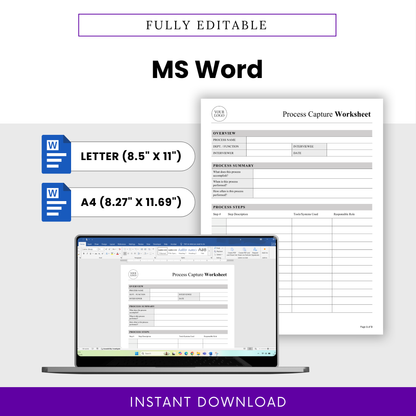 editable process capture worksheet in MS Word, workflow template docx format, business process document editable file, letter and A4 sizes
