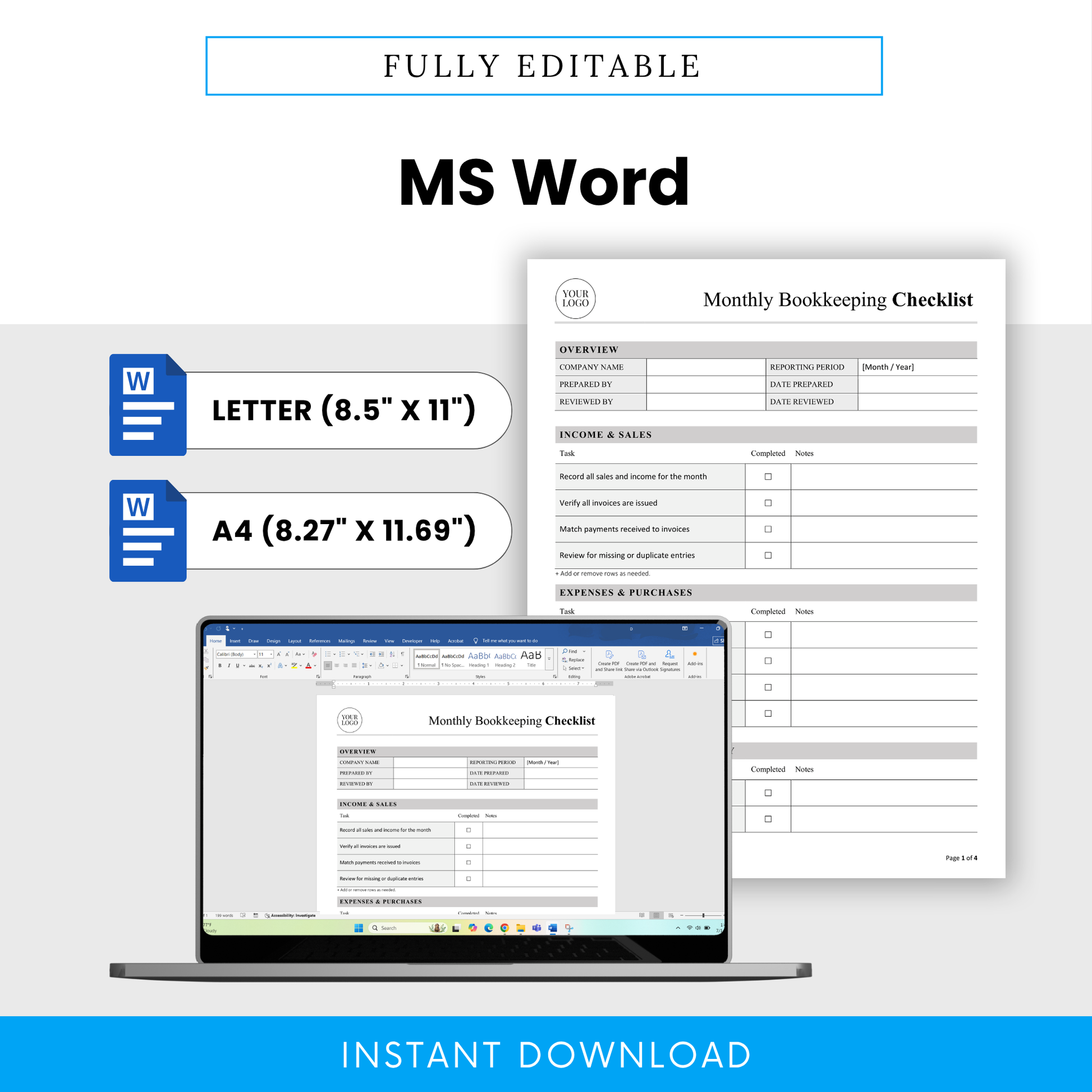 Editable monthly bookkeeping checklist template shown in Microsoft Word format with US Letter and A4 sizes, customizable layout for small business accounting and financial tracking