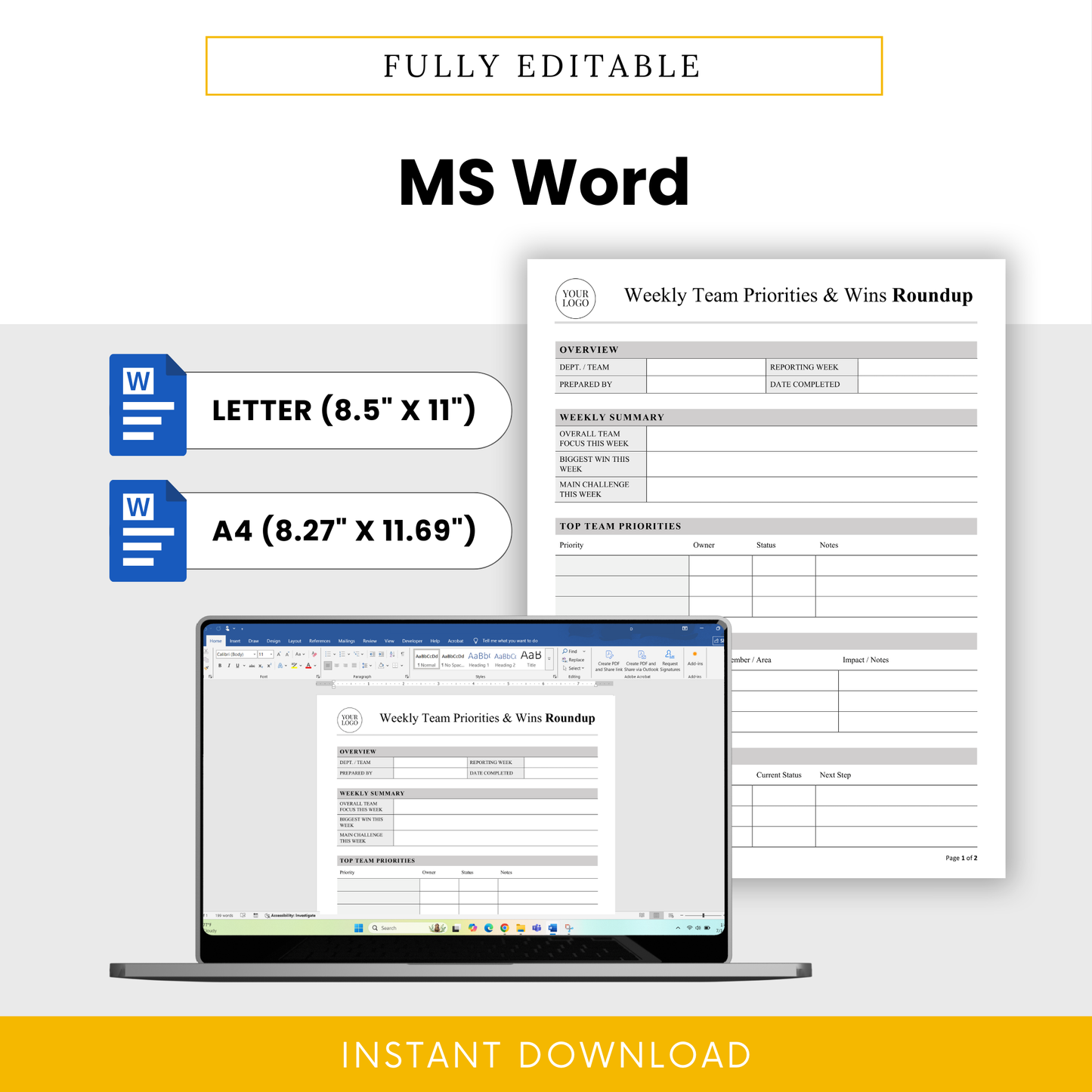 Fully editable MS Word weekly team report template in US Letter and A4 sizes, easy to customize for team updates and project tracking