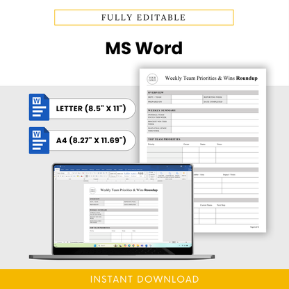 Fully editable MS Word weekly team report template in US Letter and A4 sizes, easy to customize for team updates and project tracking