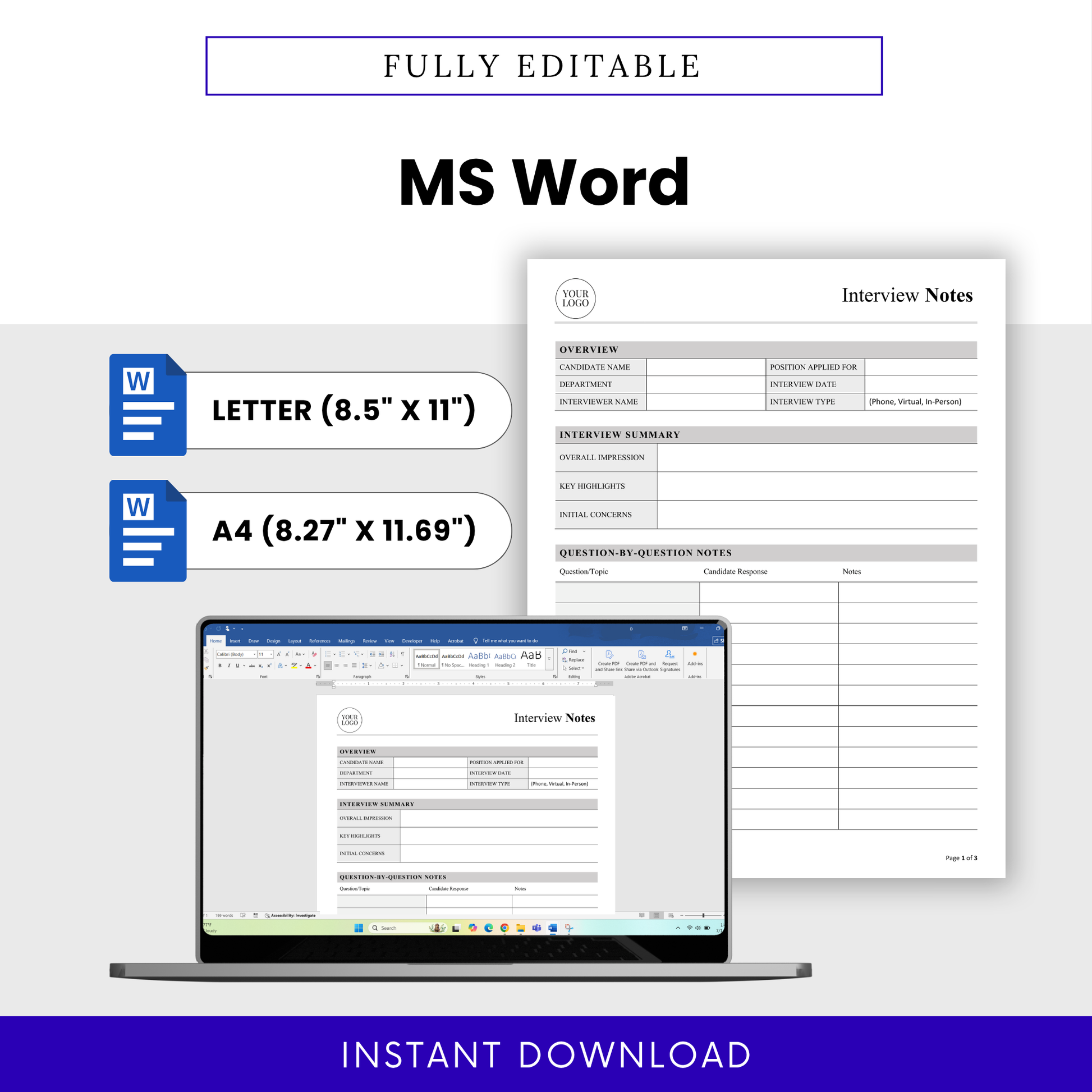 Editable interview notes template in Microsoft Word format, hiring document customizable, recruiter worksheet digital download, letter and A4 sizes