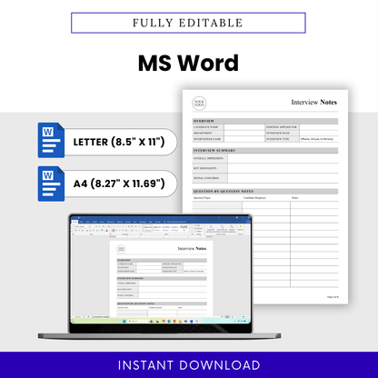 Editable interview notes template in Microsoft Word format, hiring document customizable, recruiter worksheet digital download, letter and A4 sizes