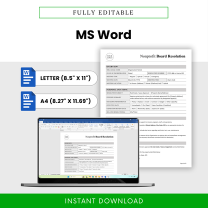 Editable nonprofit board resolution template in Microsoft Word format with US Letter and A4 sizes, customizable layout for nonprofit governance use