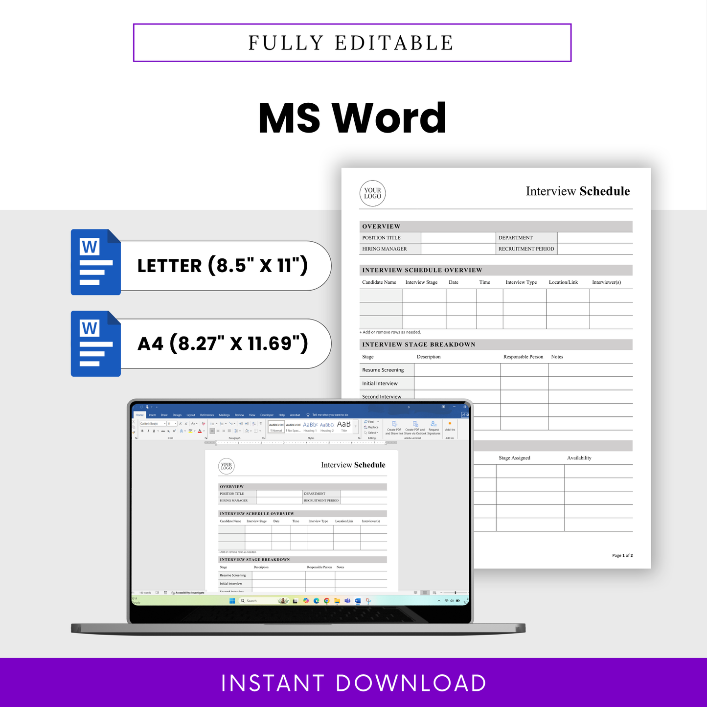 Microsoft Word interview schedule template editable for hiring managers, recruiters, and HR teams with Letter and A4 formats included