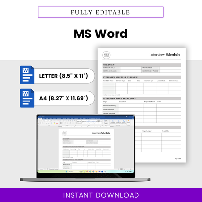 Microsoft Word interview schedule template editable for hiring managers, recruiters, and HR teams with Letter and A4 formats included
