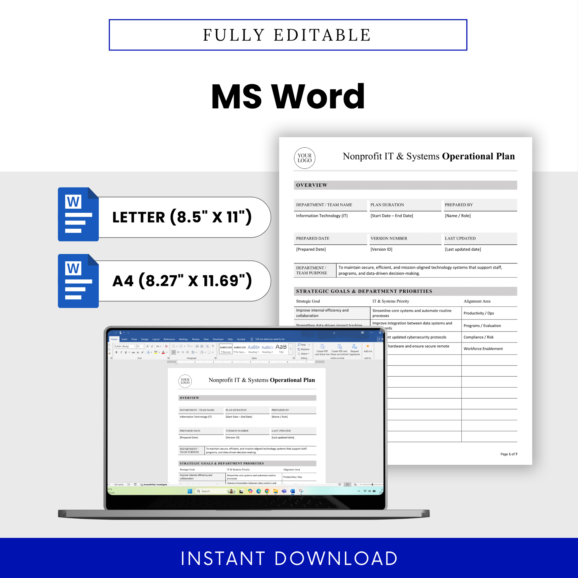 Editable nonprofit IT operational plan template in Microsoft Word format with US Letter and A4 sizes, customizable layout, professional document design for nonprofit IT departments