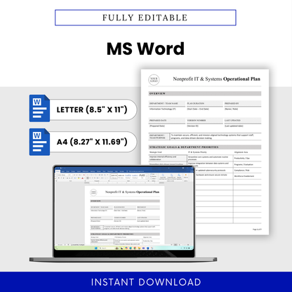Editable nonprofit IT operational plan template in Microsoft Word format with US Letter and A4 sizes, customizable layout, professional document design for nonprofit IT departments