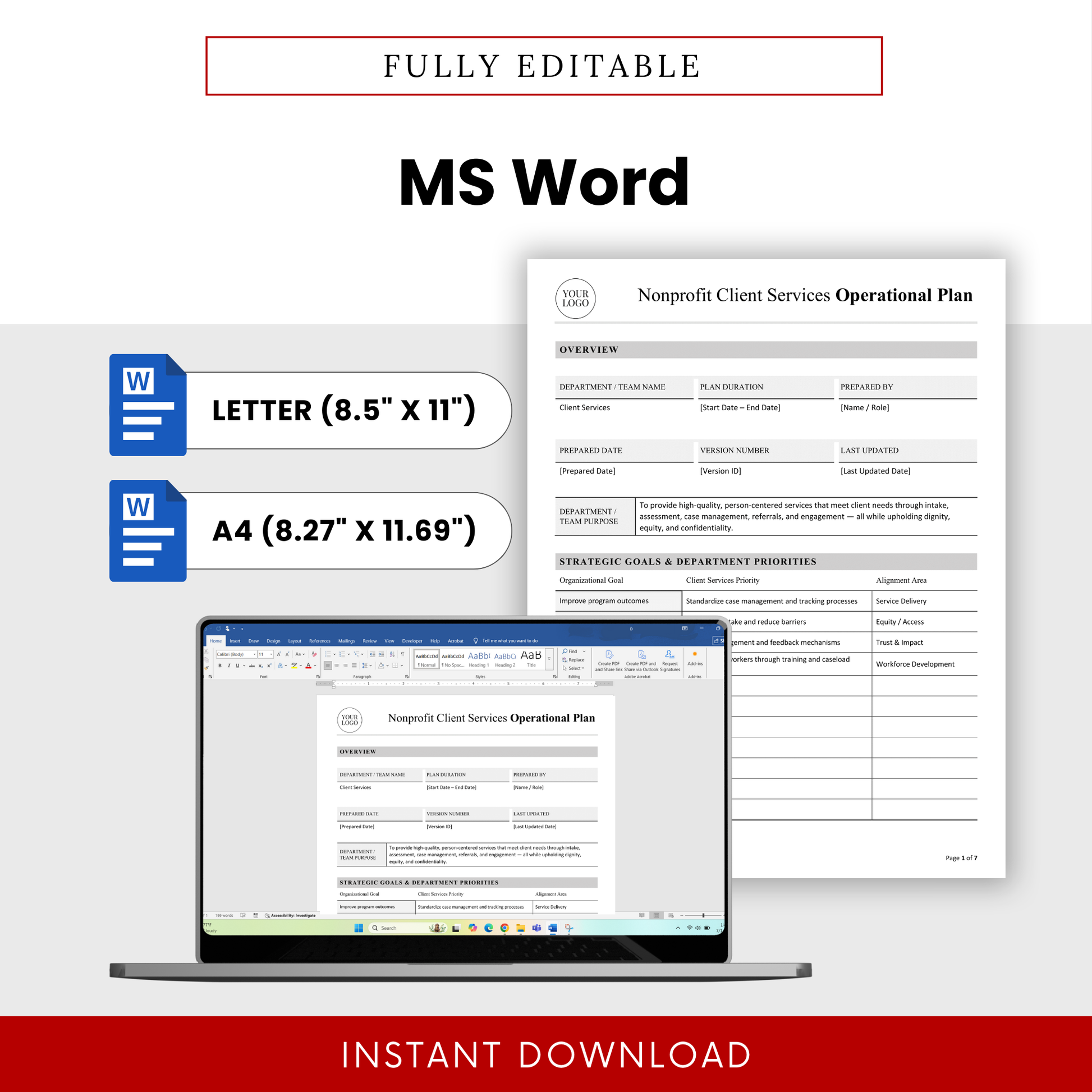 Editable nonprofit operational plan template in Microsoft Word format with US Letter and A4 sizes, customizable layout for nonprofit teams and service planning