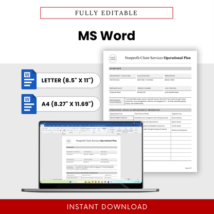 Editable nonprofit operational plan template in Microsoft Word format with US Letter and A4 sizes, customizable layout for nonprofit teams and service planning