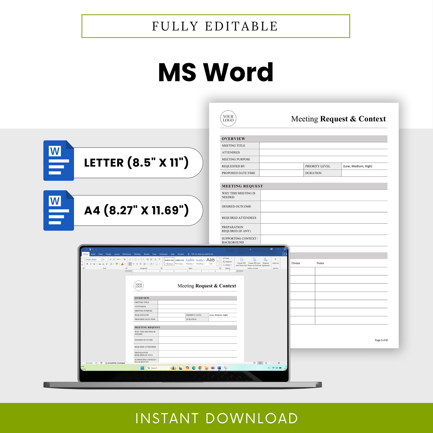 Editable meeting request template in Microsoft Word format with letter and A4 sizes, customizable business document, professional meeting planner layout