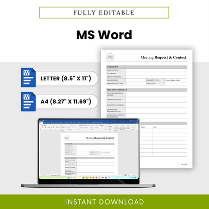 Editable meeting request template in Microsoft Word format with letter and A4 sizes, customizable business document, professional meeting planner layout